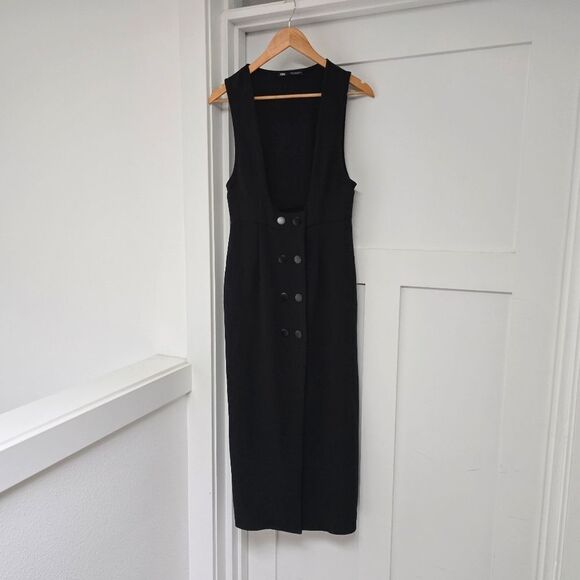 Zara Pinafore Double Breasted Midi Dress in Black - Picture 3 of 12